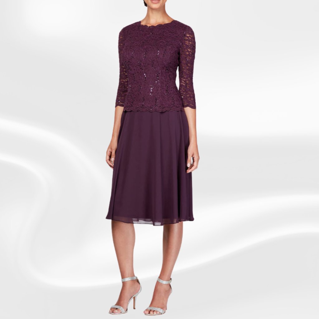 Alex Evenings Sequin Lace Plum Cocktail Dress 3/4 Sleeve Chiffon Nwt Sz 10